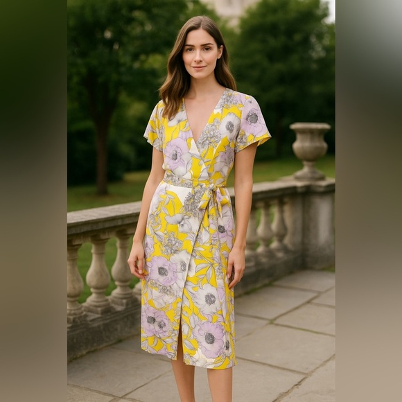 Yumi Kim Silk Wrap Midi Dress S Yellow Floral Wedding Guest Vacation Resort Work - Picture 8 of 12